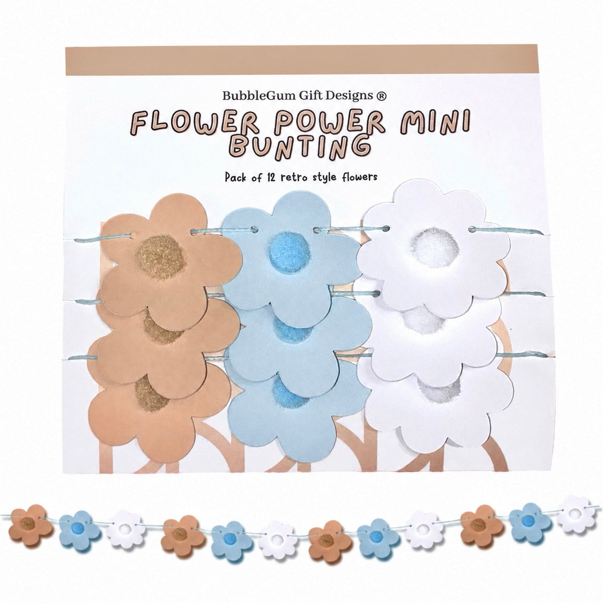 Mini neutral flower garland basket decorations Blue and white and beige floral 70s daisy bunting with pompoms, Birthday baby decor