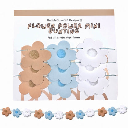 Mini neutral flower garland basket decorations Blue and white and beige floral 70s daisy bunting with pompoms, Birthday baby decor