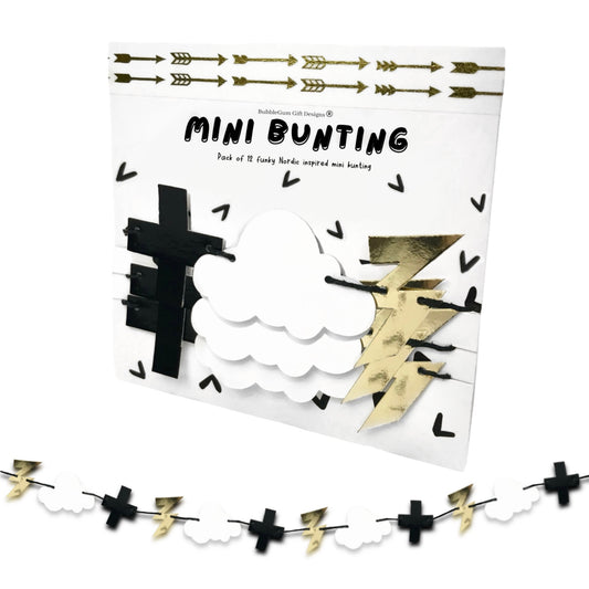 Mini bunting boys bedroom wall hanging, Gold lightning bolt, Black gloss cross and white cloud, Nordic kids room decor aesthetic