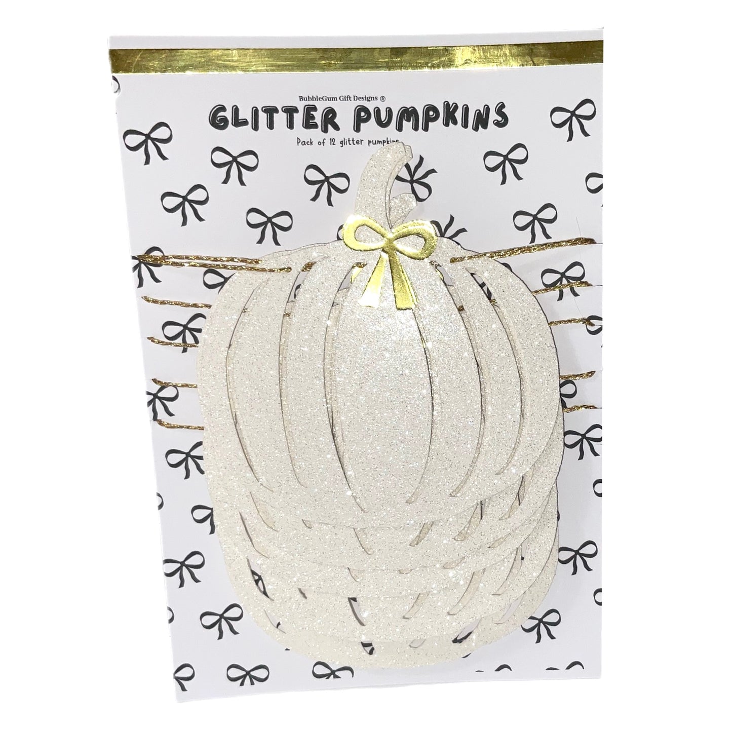 Farmhouse white pumpkin garland with gold bows, Autumn glitter fall pumpkin or Halloween decoration