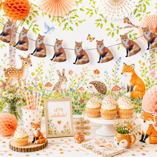 Red Fox Garland – Illustrated Woodland Fox Themed Birthday Party Decoration Hand Drawn