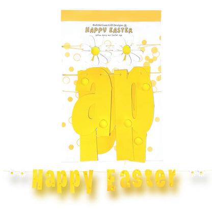 Cute Happy Easter sign, yellow Easter garland with pom poms and daisies ready assembled