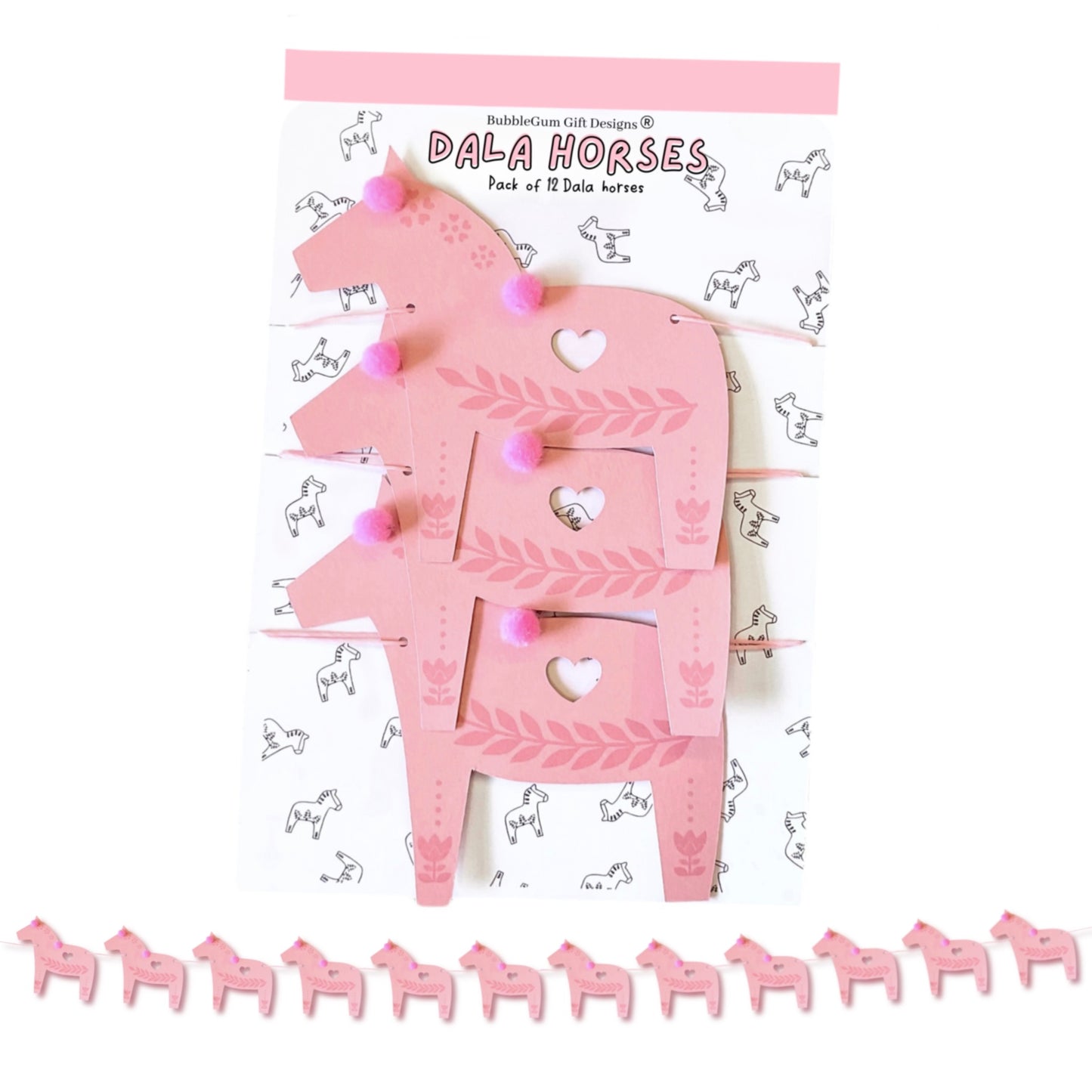 Pink Swedish Dala horse bunting with pink Pom Poms Pretty Scandinavian holiday home decoration, Magical folk art wall hanging Christmas horse