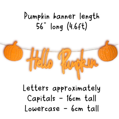 Hello pumpkin baby shower banner, Autumn orange glitter sign, Cozy fall themed gender reveal decoration with pumpkins