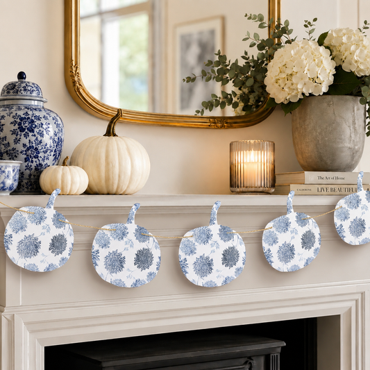 Blue and white Chinoiserie pumpkin garland Floral Autumn pumpkin bunting Hand drawn Chrysanthemum fall decorations