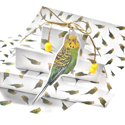 Single sheet cute A3 budgie wrapping paper pack with gold twine and yellow Pom Poms FSC paper 80 gsm