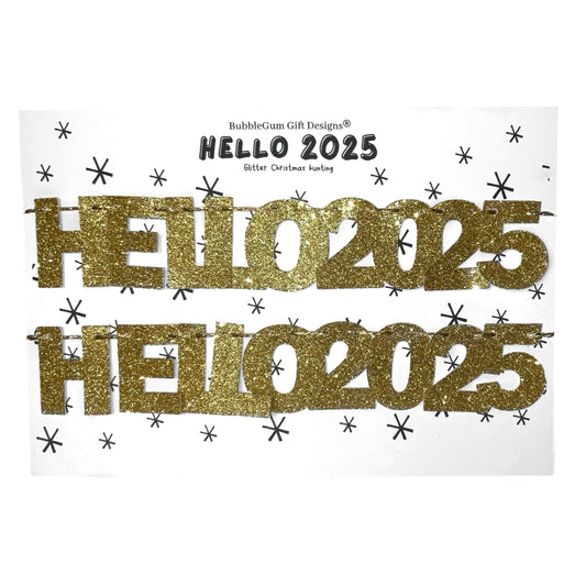 Hello 2025 New Year gold glitter mini bunting, New Years Eve decoration sparkly lettering NYE 2024