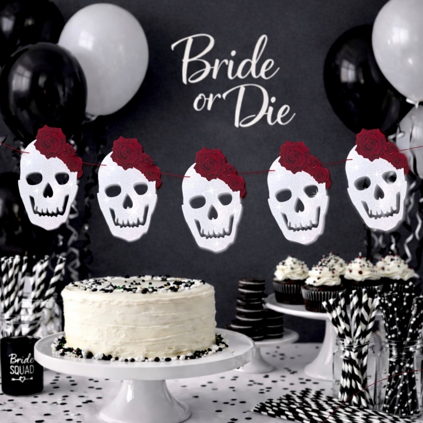 Bride or die hen party bunting Gothic skull decorations Spooky bride to be garland Floral skull with roses