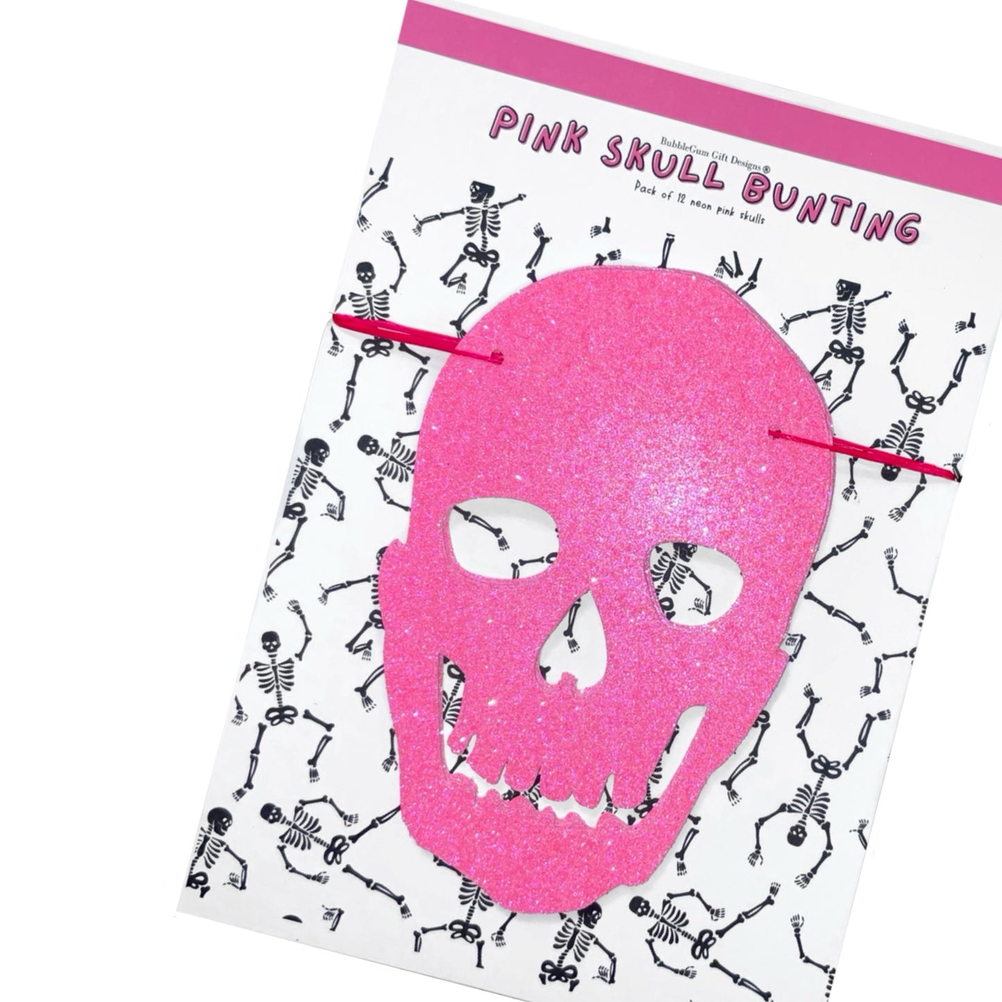 Neon pink glitter skull banner, Sparkly pink skull Halloween garland, Creepy cute skeleton skulls