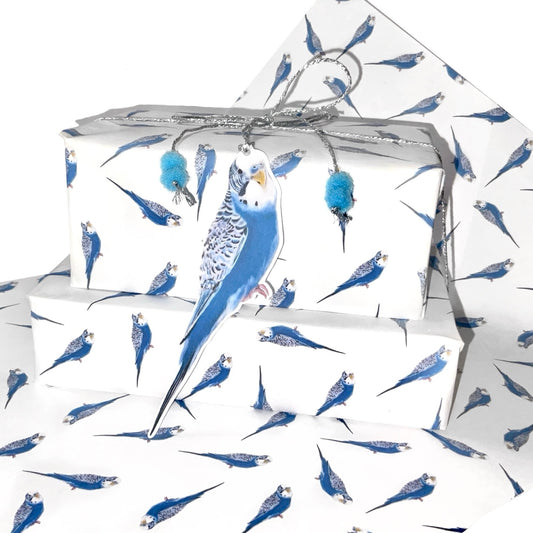 A3 Budgie wrapping paper, Single sheet hand drawn blue Parakeet gift wrap set with gift tag, pom pom string, cute Budgerigar budgie accessories