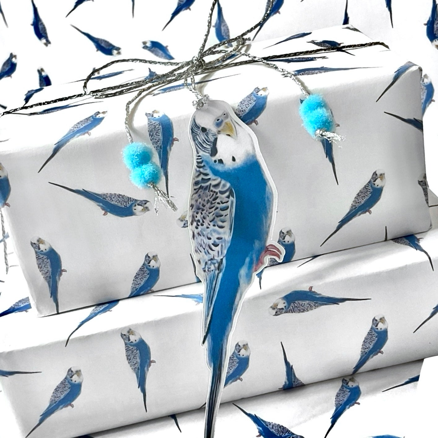 A3 Budgie wrapping paper, Single sheet hand drawn blue Parakeet gift wrap set with gift tag, pom pom string, cute Budgerigar budgie accessories