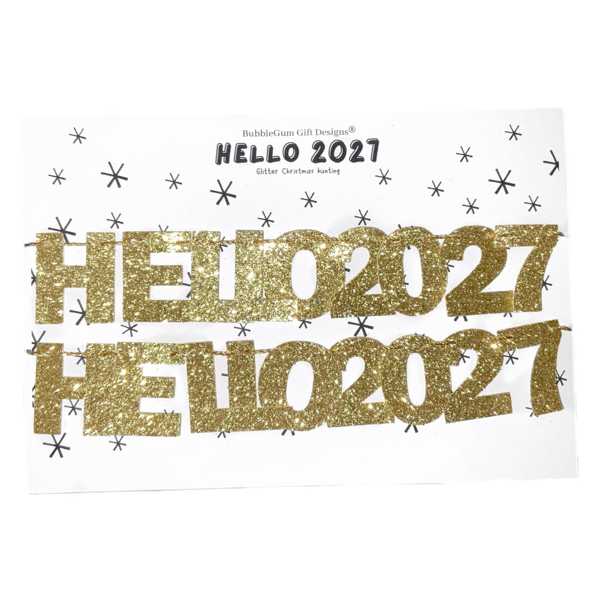 Gold glitter Hello 2027 bunting New Years eve party sparkly garland Hanging shelf decoration Choose your size, Mini or standard 1x12