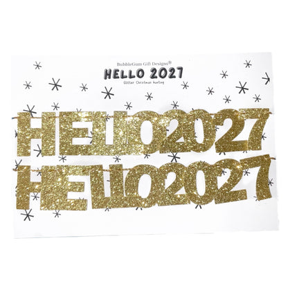 Gold glitter Hello 2027 bunting New Years eve party sparkly garland Hanging shelf decoration Choose your size, Mini or standard 1x12