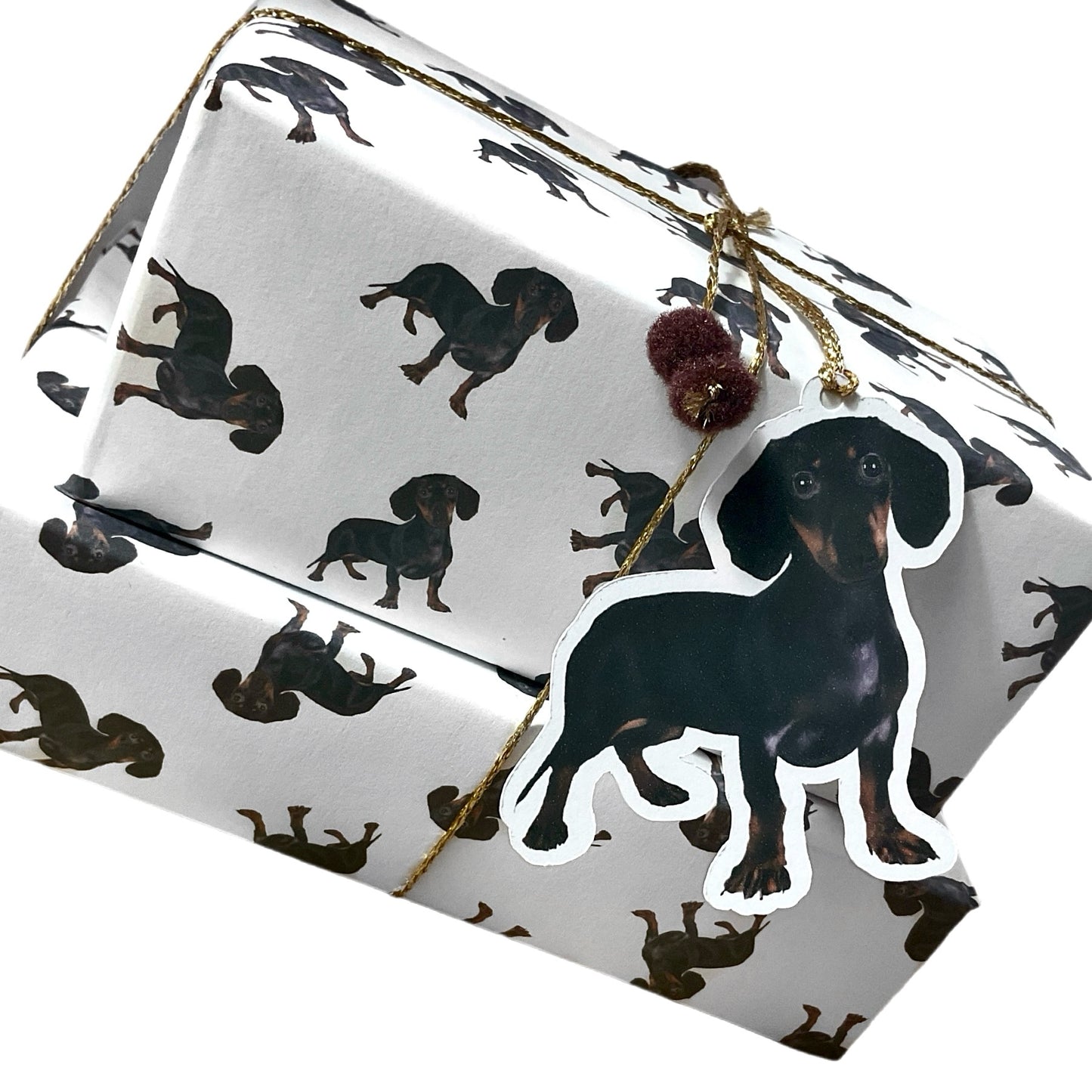 A3 Dachshund wrapping paper set, Hand drawn sausage dog gift wrap with gift tag and pom pom string, Single sheet Weiner dog wrapping