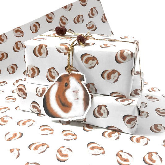 A3 Guinea pig wrapping paper set, Gift wrap paper single sheet, Hand drawn guinea pig with pom pom string and gift tag
