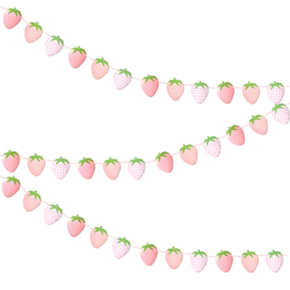Sweet pink strawberry garland, Pink gingham, pink glitter and baby pink fruit garland, Strawberry 1st birthday decorations