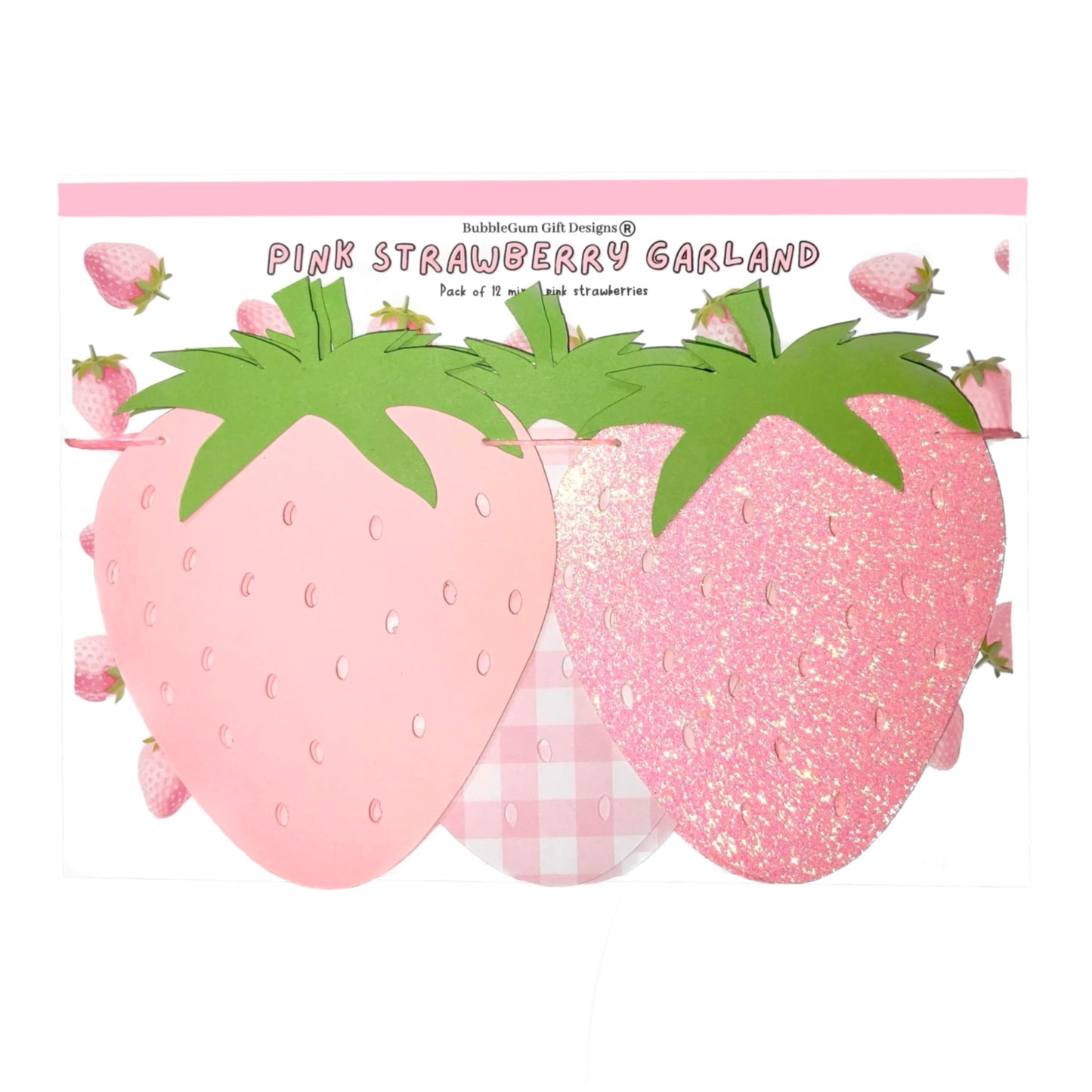 Sweet pink strawberry garland, Pink gingham, pink glitter and baby pink fruit garland, Strawberry 1st birthday decorations