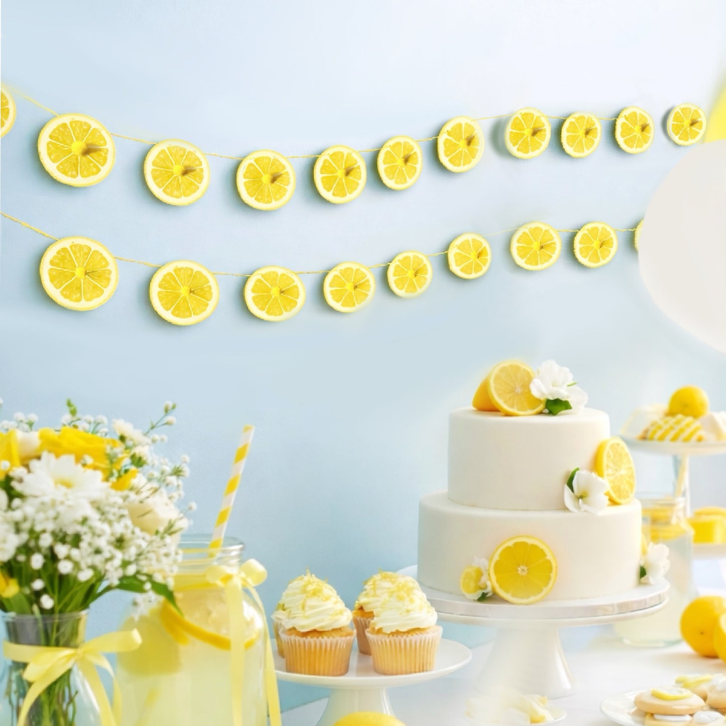 Small lemon slice bunting Yellow citrus fruit garland Main squeeze baby shower decor with pom poms