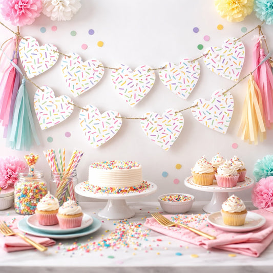 Sprinkles bunting heart shaped garland Pastel hundreds and thousands birthday party decorations Choose size