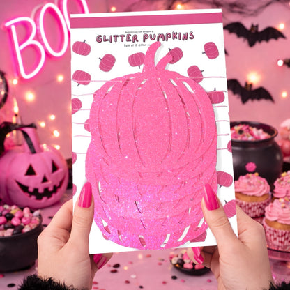 Pink Pumpkin Card Bunting Garland - Neon Glitter Halloween Decorations