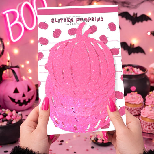 Pink Pumpkin Card Bunting Garland - Neon Glitter Halloween Decorations