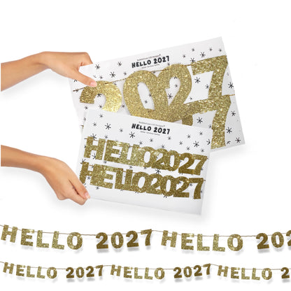 Gold glitter Hello 2027 bunting New Years eve party sparkly garland Hanging shelf decoration Choose your size, Mini or standard 1x12