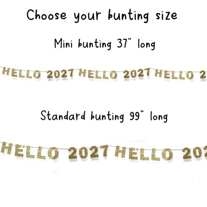 Gold glitter Hello 2027 bunting New Years eve party sparkly garland Hanging shelf decoration Choose your size, Mini or standard 1x12