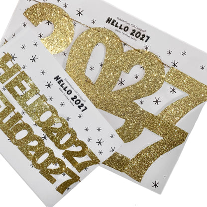 Gold glitter Hello 2027 bunting New Years eve party sparkly garland Hanging shelf decoration Choose your size, Mini or standard 1x12