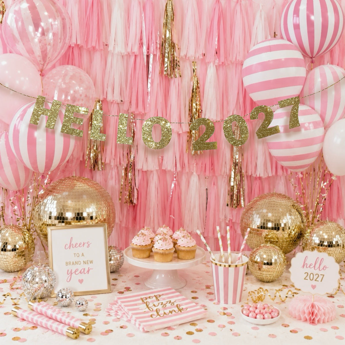 Gold glitter Hello 2027 bunting New Years eve party sparkly garland Hanging shelf decoration Choose your size, Mini or standard 1x12