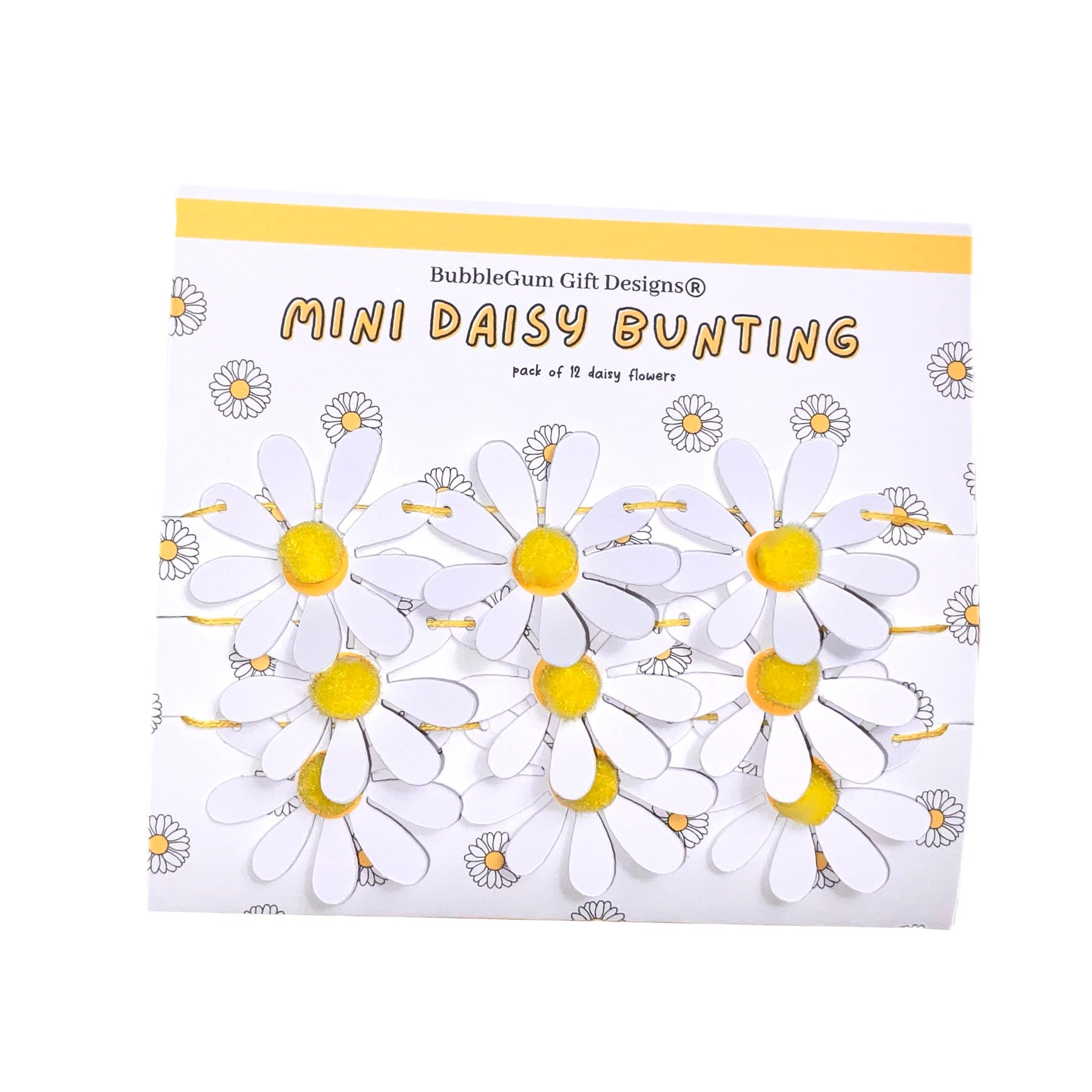 All made from premium quality card, a pack of 12 beautiful spring loaded daisies with yellow Pom Pom centres, all attached to yellow string measuring approximately 34” long with each flower measuring approximately 5cm x 5cm and all packaged beautifully to reach you in perfect condition.  A really pretty addition to add to your shelves, wall decor, windows, wherever you would like to add a dash of cheerfulness as we enter Spring.