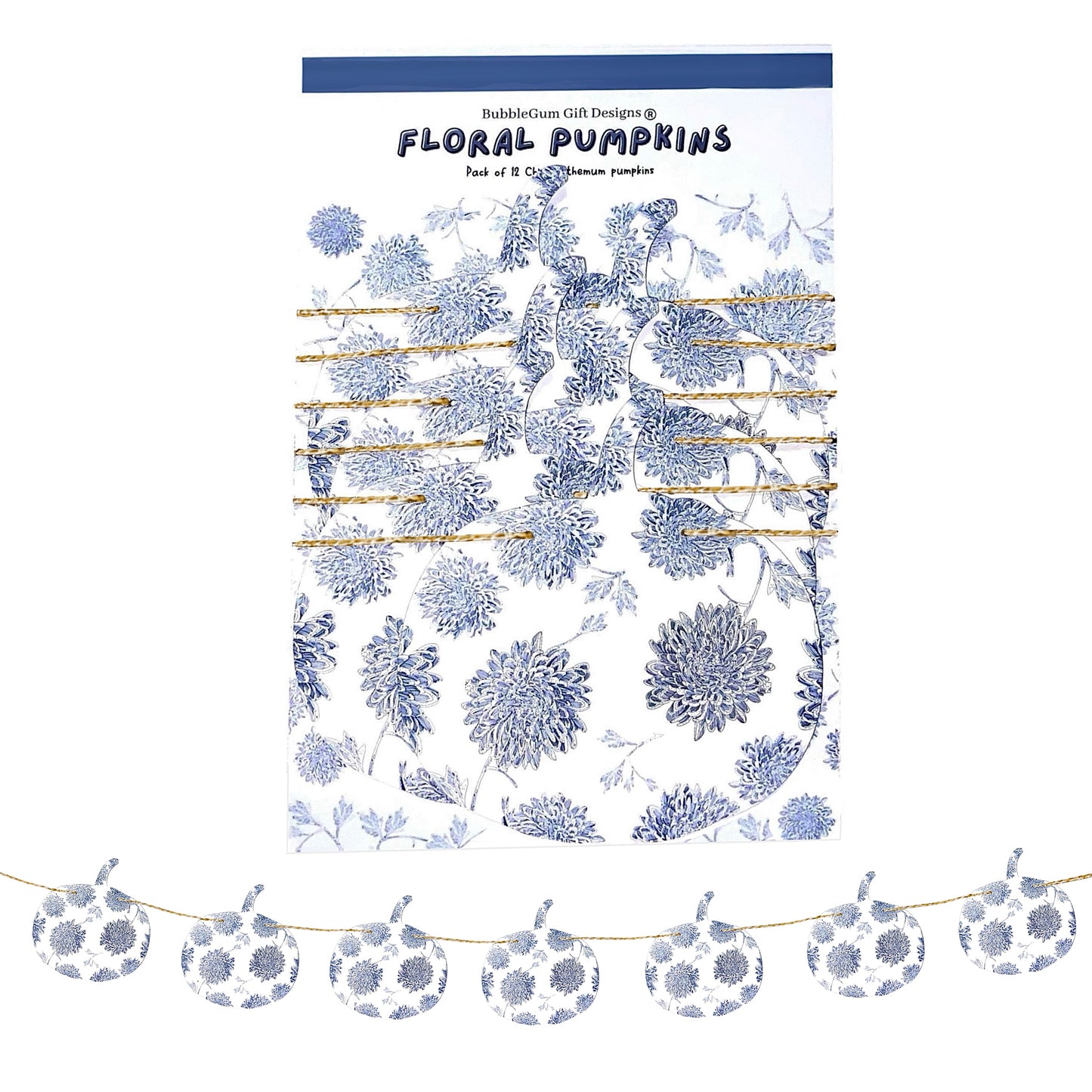 Blue and white Chinoiserie pumpkin garland Floral Autumn pumpkin bunting Hand drawn Chrysanthemum fall decorations
