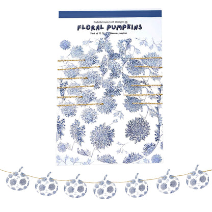 Blue and white Chinoiserie pumpkin garland Floral Autumn pumpkin bunting Hand drawn Chrysanthemum fall decorations