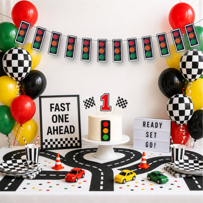 Fast one birthday decorations Novelty traffic light garland Race car party bunting Transport signal
