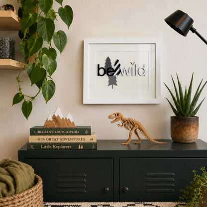 Kids room art quote black and white layered typography minimalist wall art ‘Be Wild’ handmade