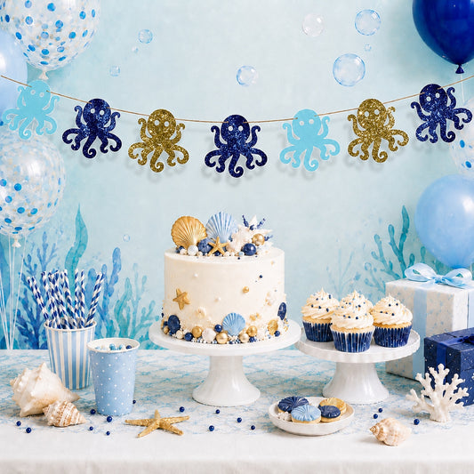 Mini glitter octopus bunting, Nautical baby shower or under the sea birthday decorations, Cute octopus in ocean blues and gold
