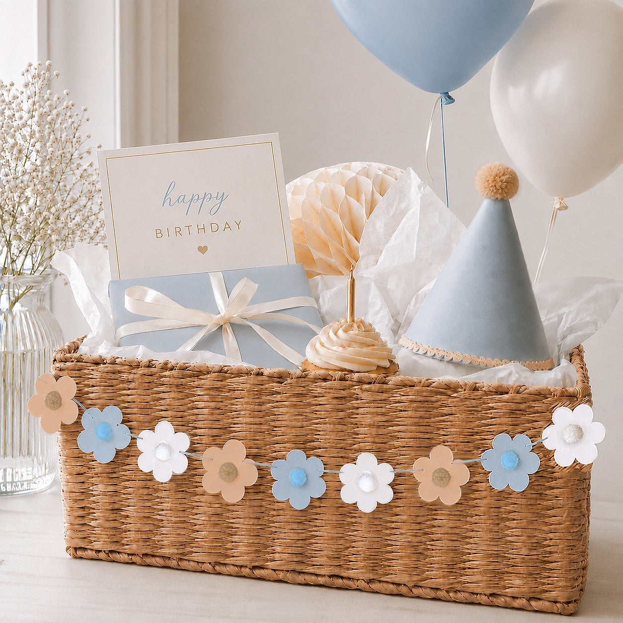 Mini neutral flower garland basket decorations Blue and white and beige floral 70s daisy bunting with pompoms, Birthday baby decor