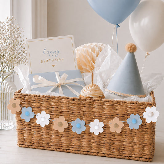 Mini neutral flower garland basket decorations Blue and white and beige floral 70s daisy bunting with pompoms, Birthday baby decor