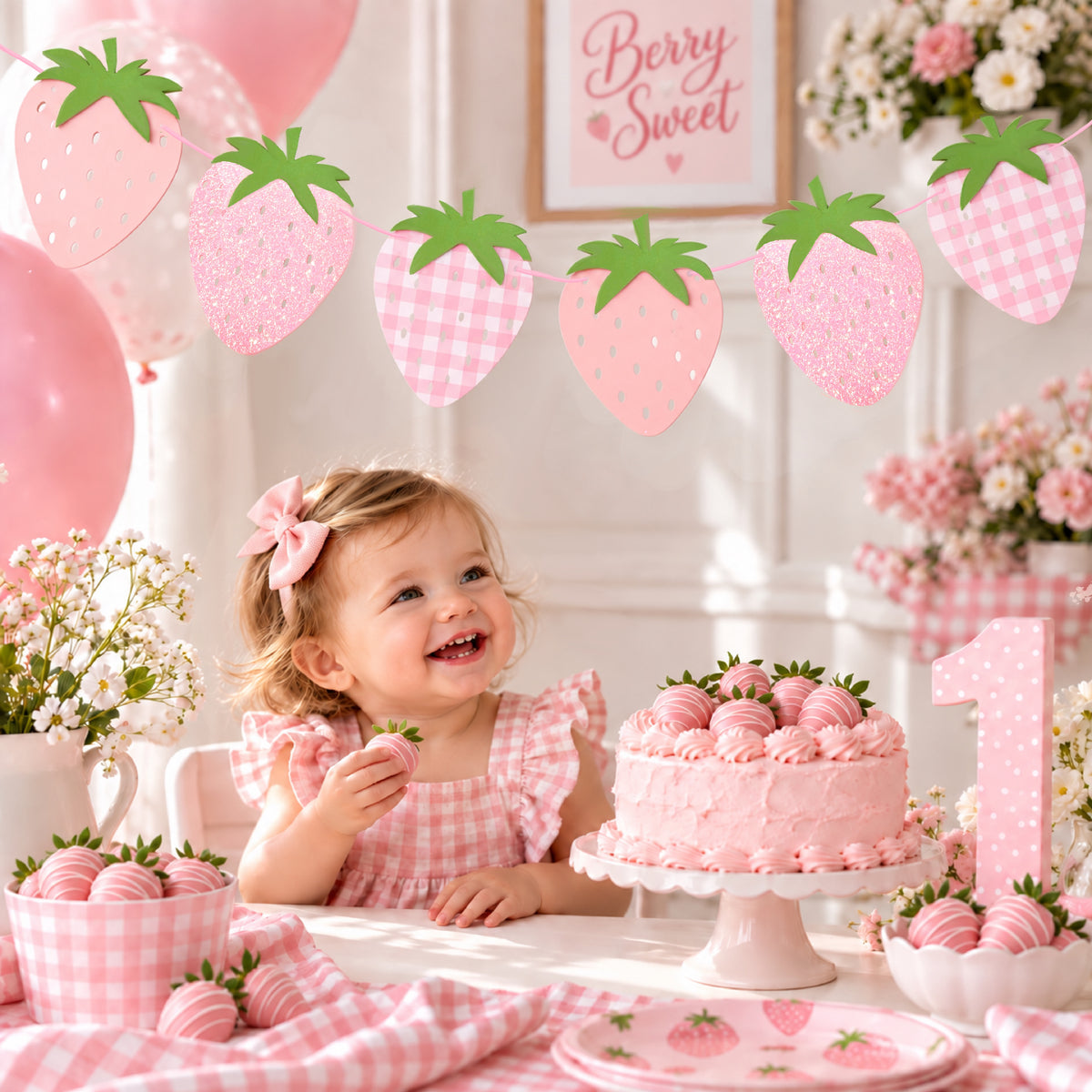 Pink Strawberry Garland – Sweet 1st Birthday Party Decorations