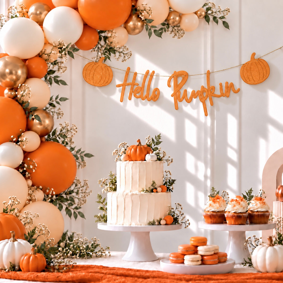 Hello Pumpkin Banner - Autumn Baby Shower Decoration with Orange Glitter Pumpkins 4ft 6