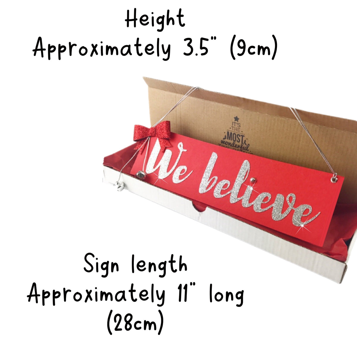 We Believe Wooden MDF Hanging Christmas Sign Red Silver 11x3.5"