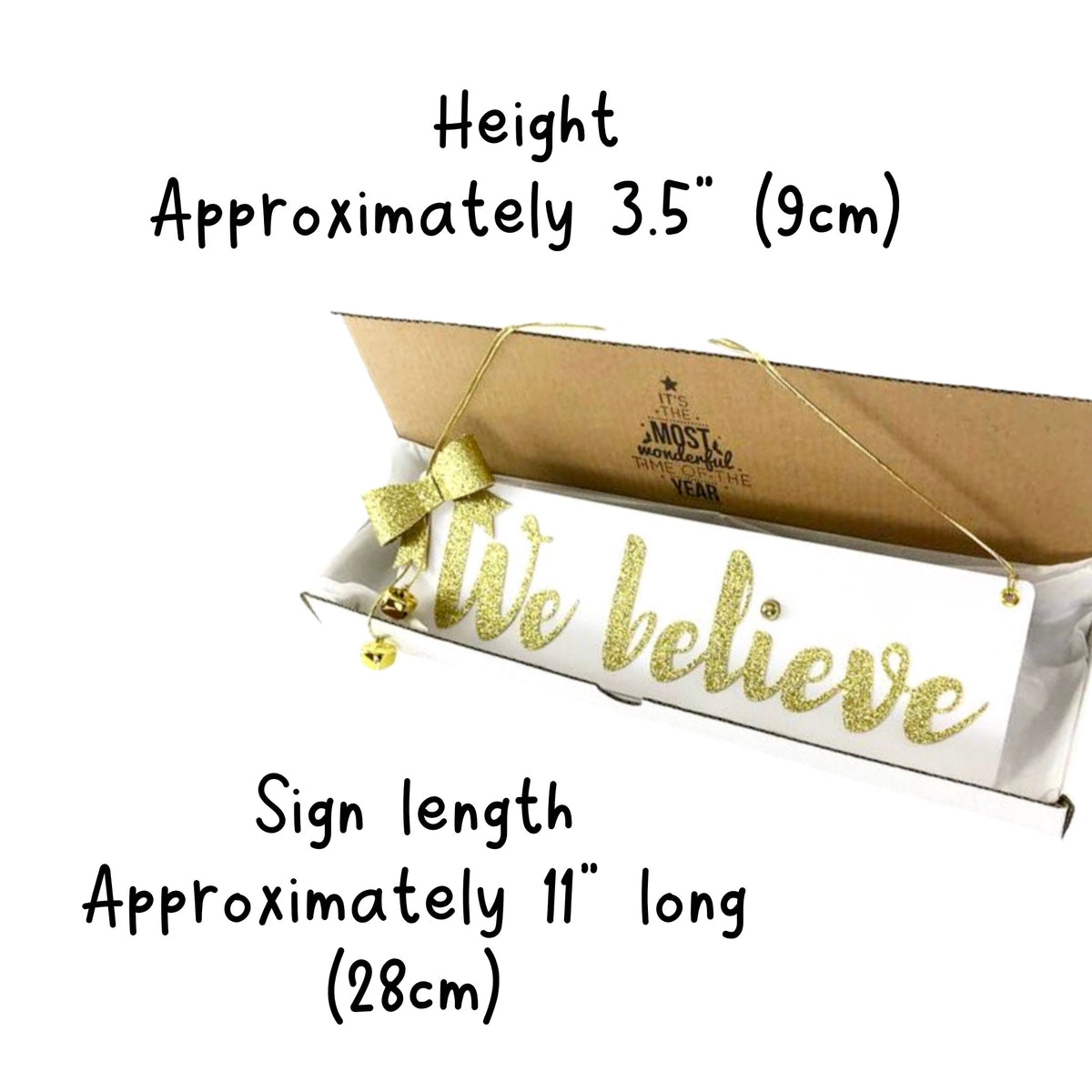 We Believe Wooden MDF Hanging Christmas Sign White Gold 11x3.5"