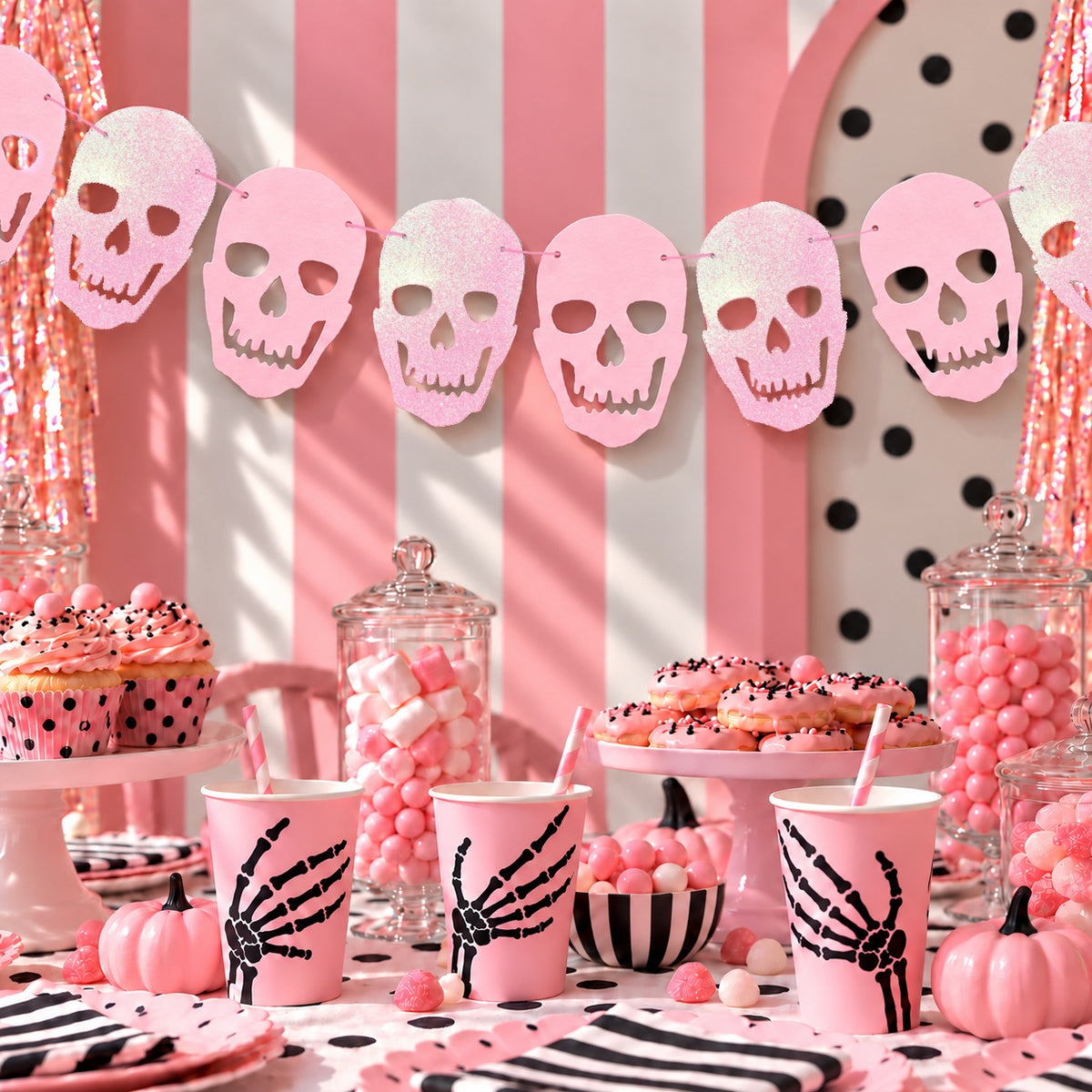 Pastel Pink Skull Bunting – Spooky Cute Glitter Card Garland