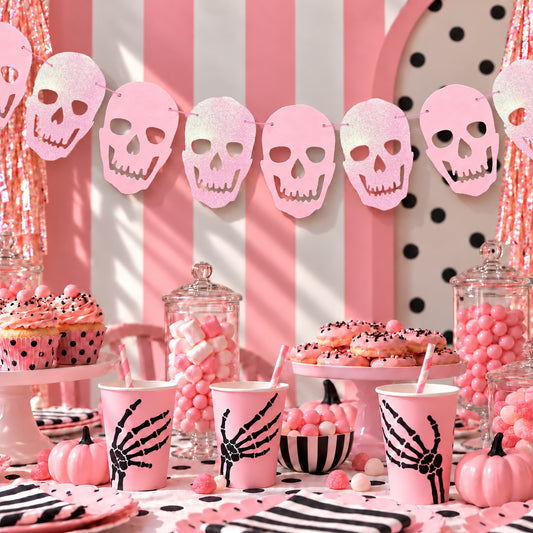 Pastel Pink Skull Bunting – Spooky Cute Glitter Card Garland