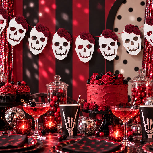 Glitter Skull Bunting with Red Roses – Gothic Hen Party Card Garland