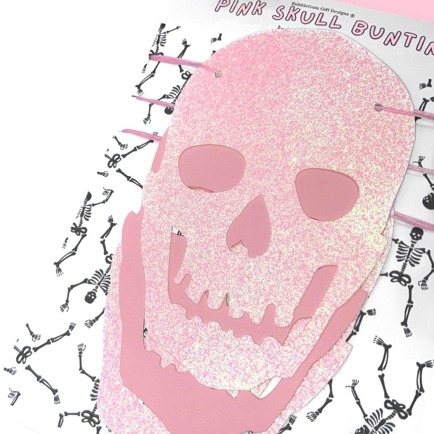 Pink skull banner Halloween decoration, Pastel Halloween skull heads, Pink goth skulls decoration