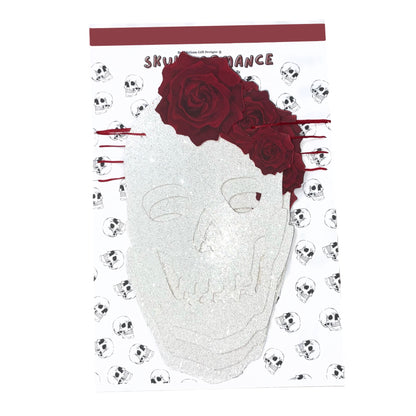 White glitter Skull banner with red roses, Gothic wall decor for spooky season, Skulls Halloween garland