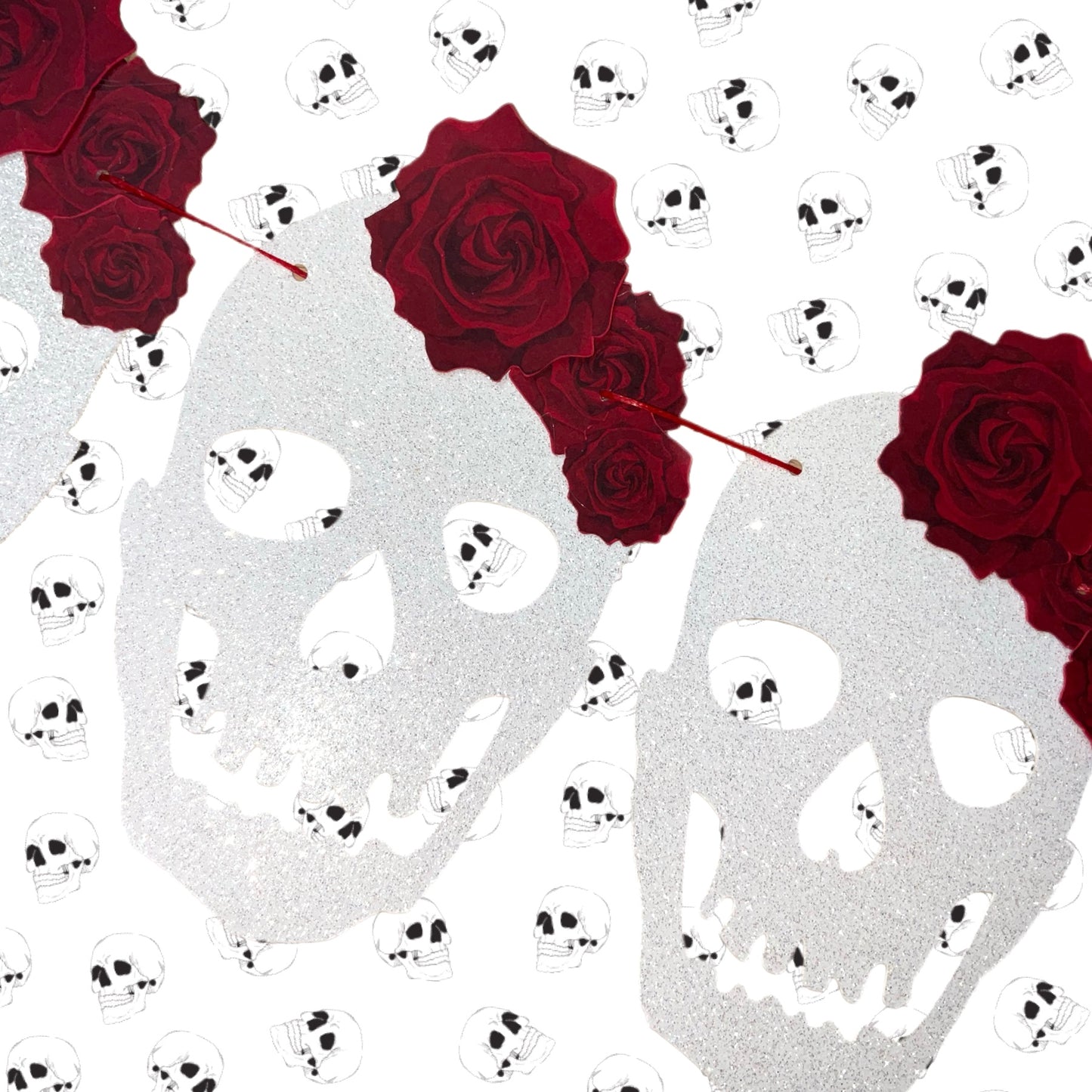 White glitter Skull banner with red roses, Gothic wall decor for spooky season, Skulls Halloween garland