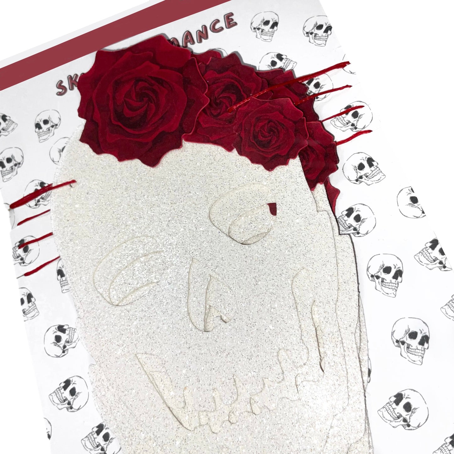 White glitter Skull banner with red roses, Gothic wall decor for spooky season, Skulls Halloween garland