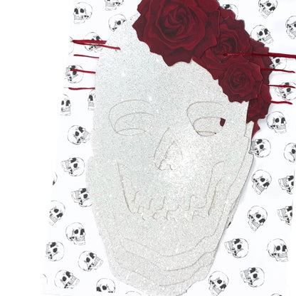 White glitter Skull banner with red roses, Gothic wall decor for spooky season, Skulls Halloween garland