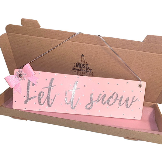 Let it snow Christmas sign, Kitsch pink Christmas decoration with sparkling silver glitter letters, pink glitter bow and diamantes